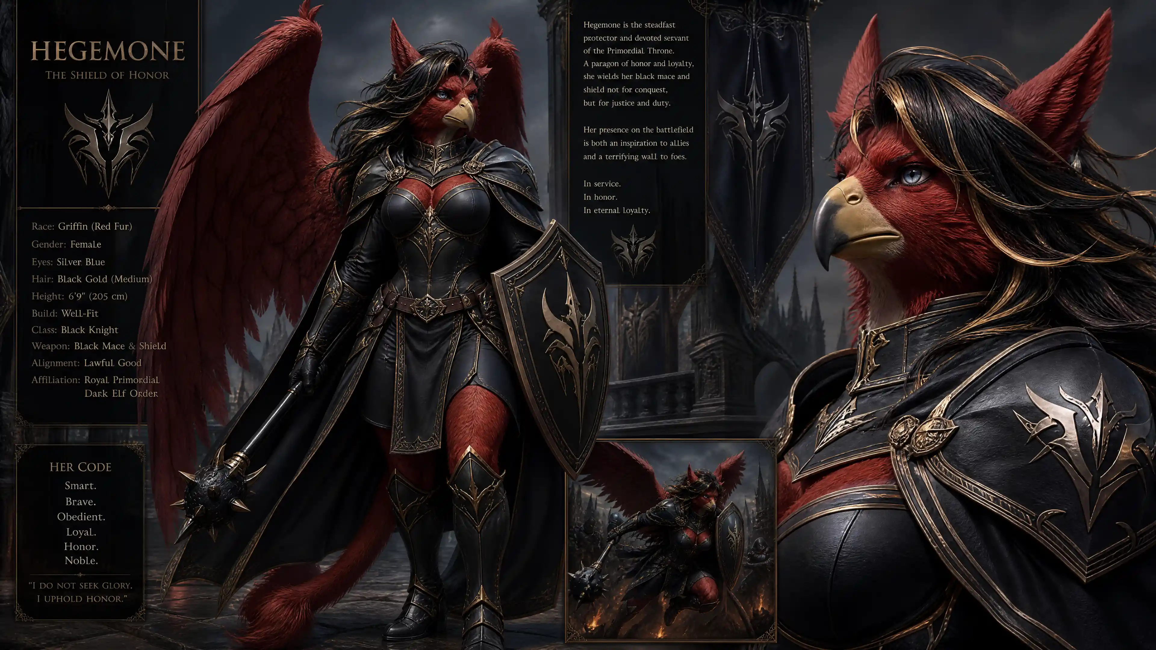 黒い鎧とマント、メイスを構えた擬人化グリフォン騎士
