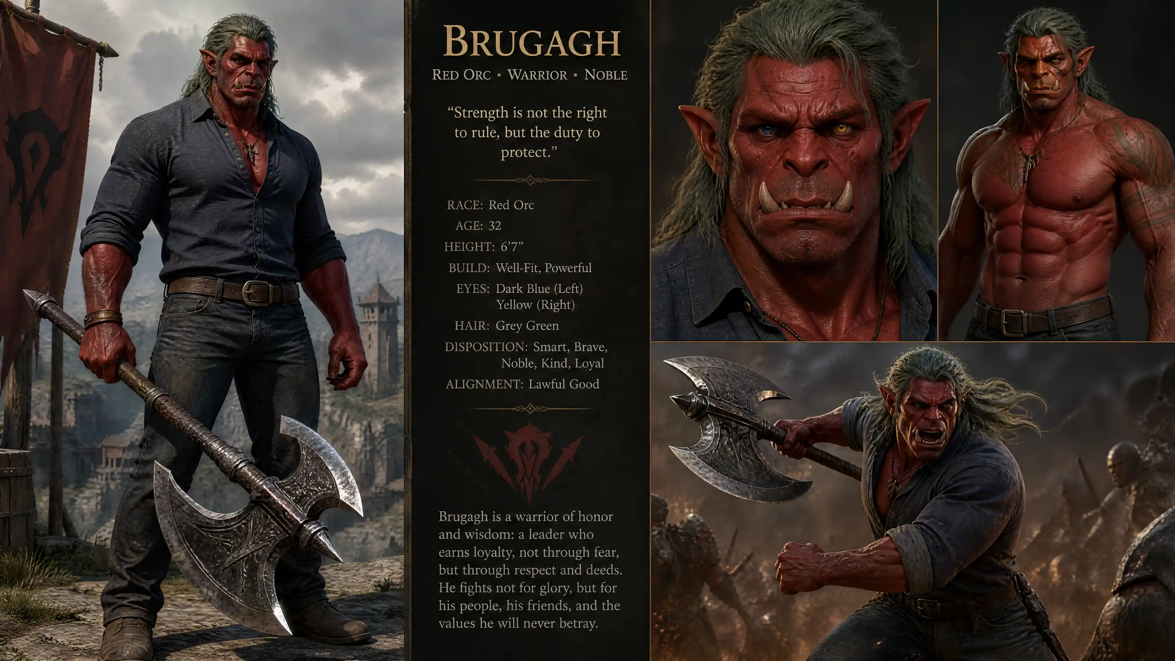 Guerrier orc rouge héroïque avec hache en tenue décontractée