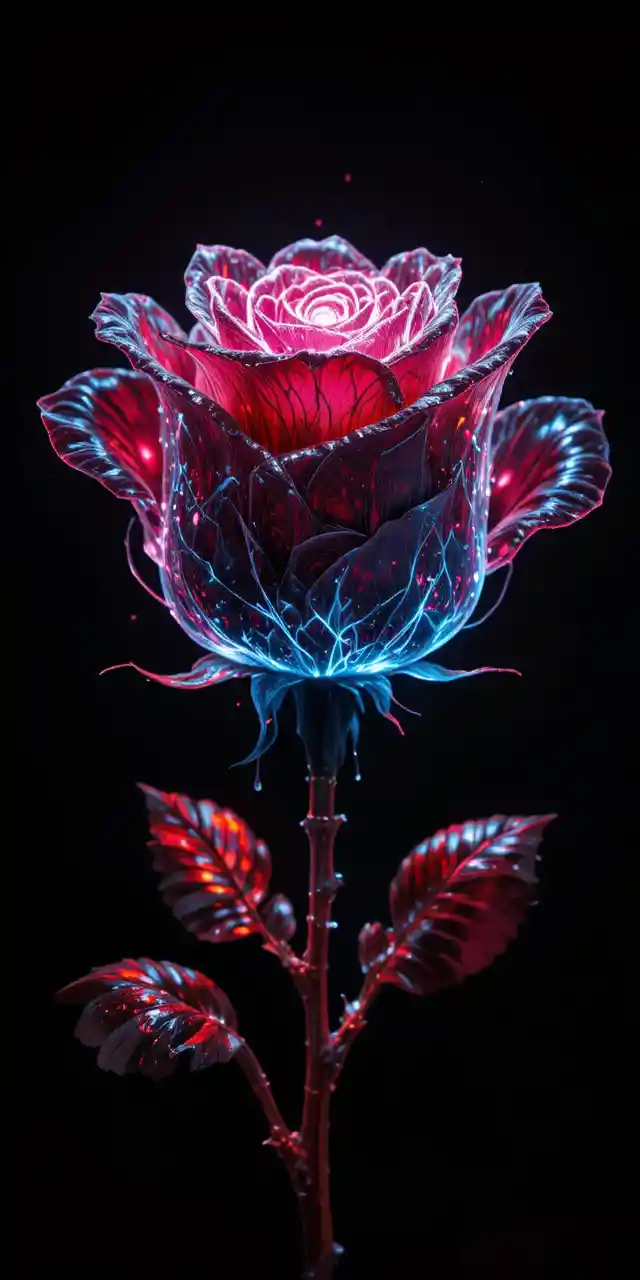 Glowing Black Rose With Glass Petals On Dark Background