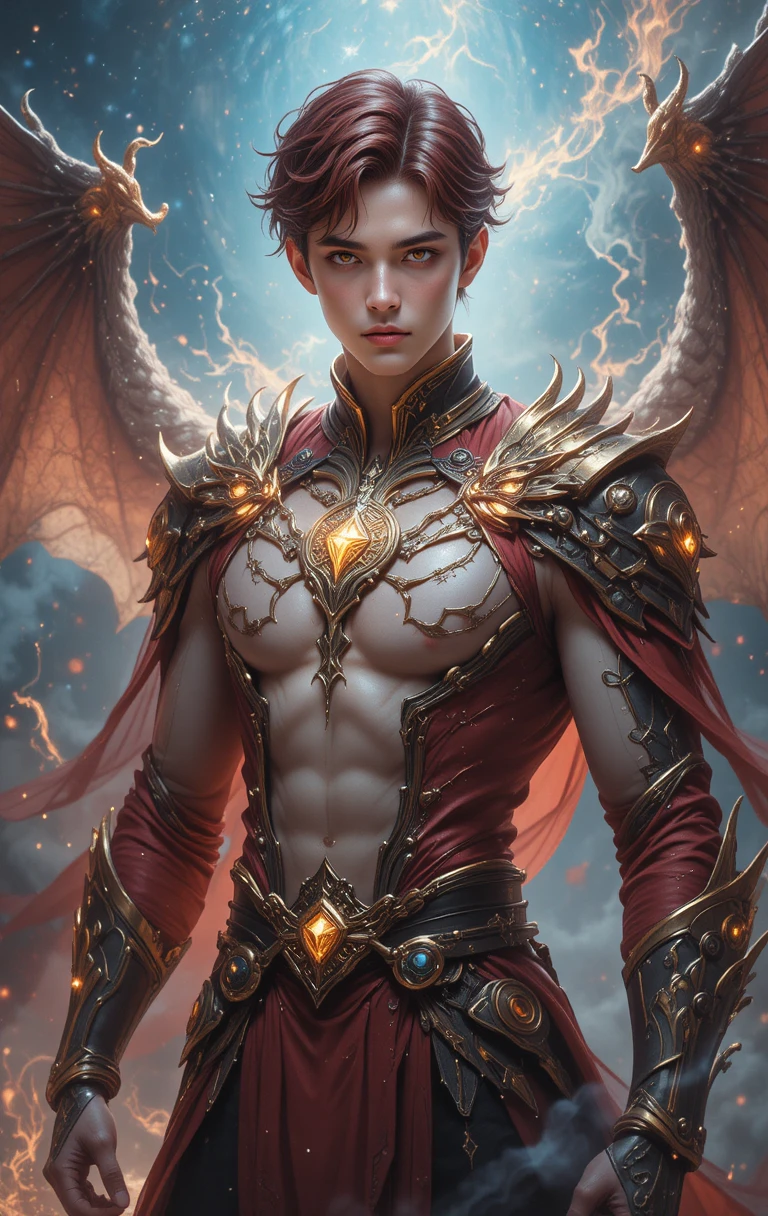Guerrero de anime musculoso con cuernos de dragón y ojos ardientes