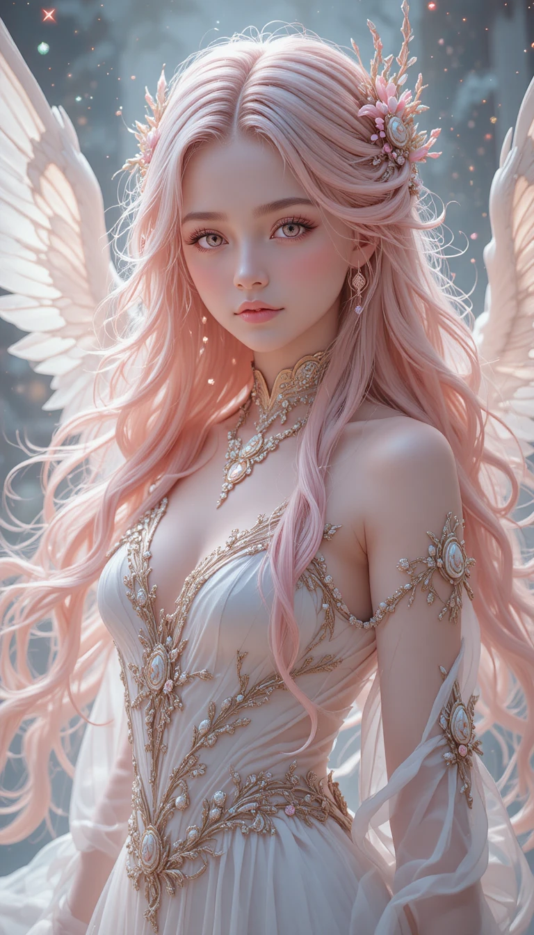 Joven chica sanadora de anime de cabello rosa con alas de ángel brillantes