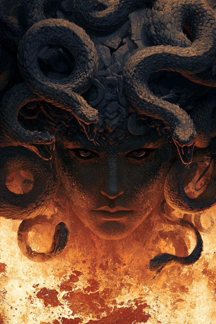 Medusa Rising From Molten Lava In Dark Graphic Illustration