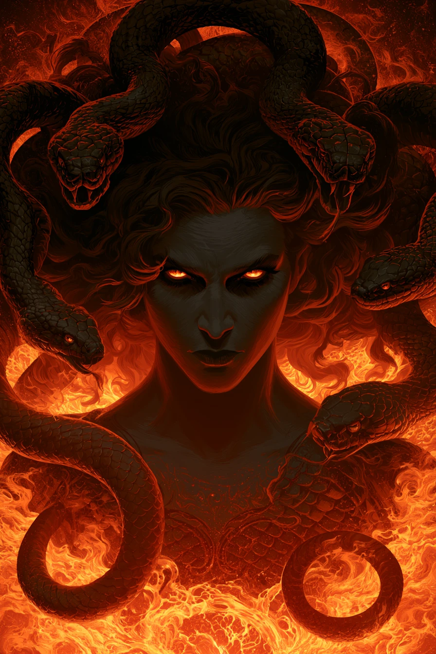 Medusa Rising From Molten Lava In Moody Noir Illustration