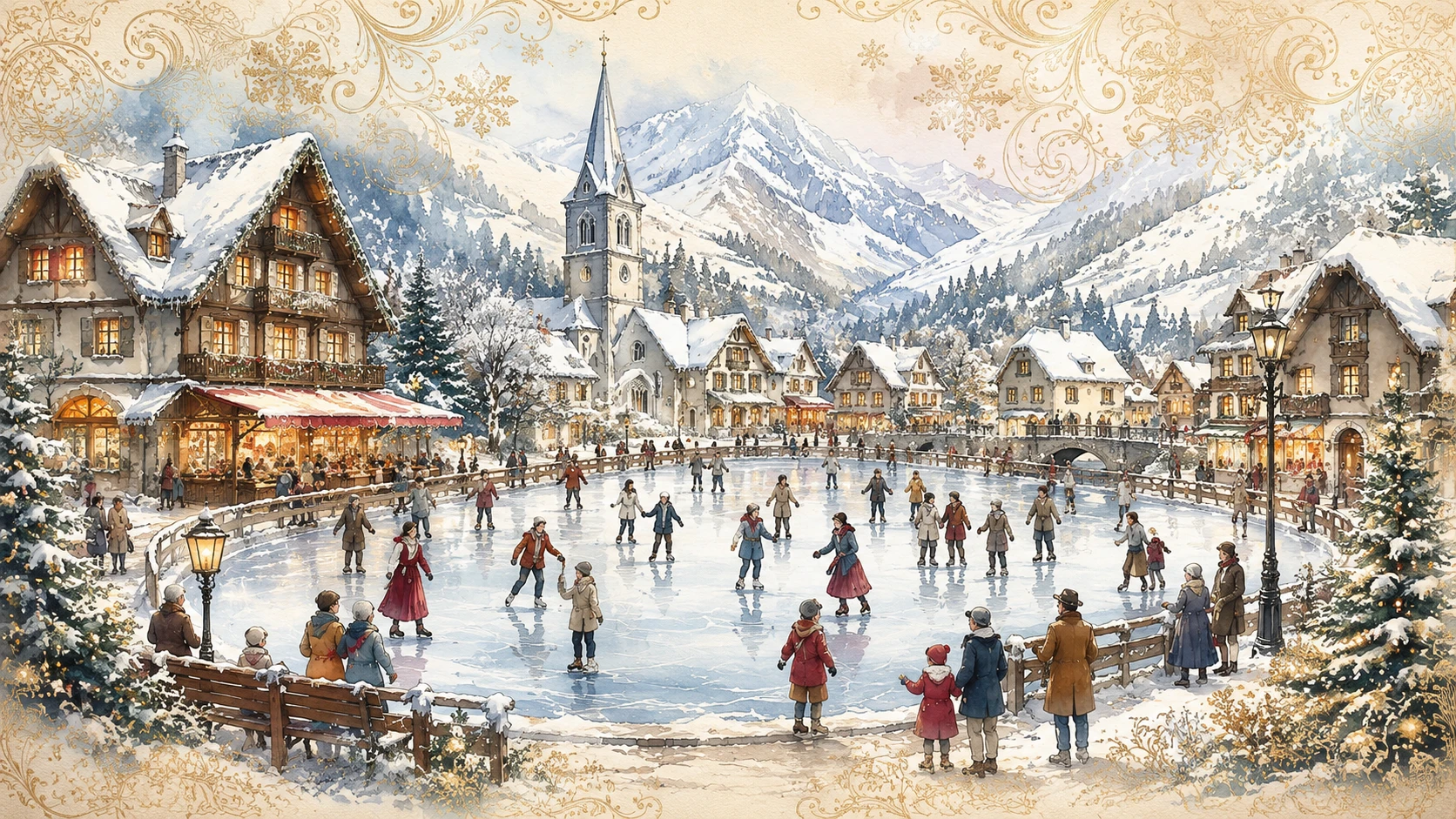 Plaza tradicional de pueblo invernal con escena de patinaje sobre hielo