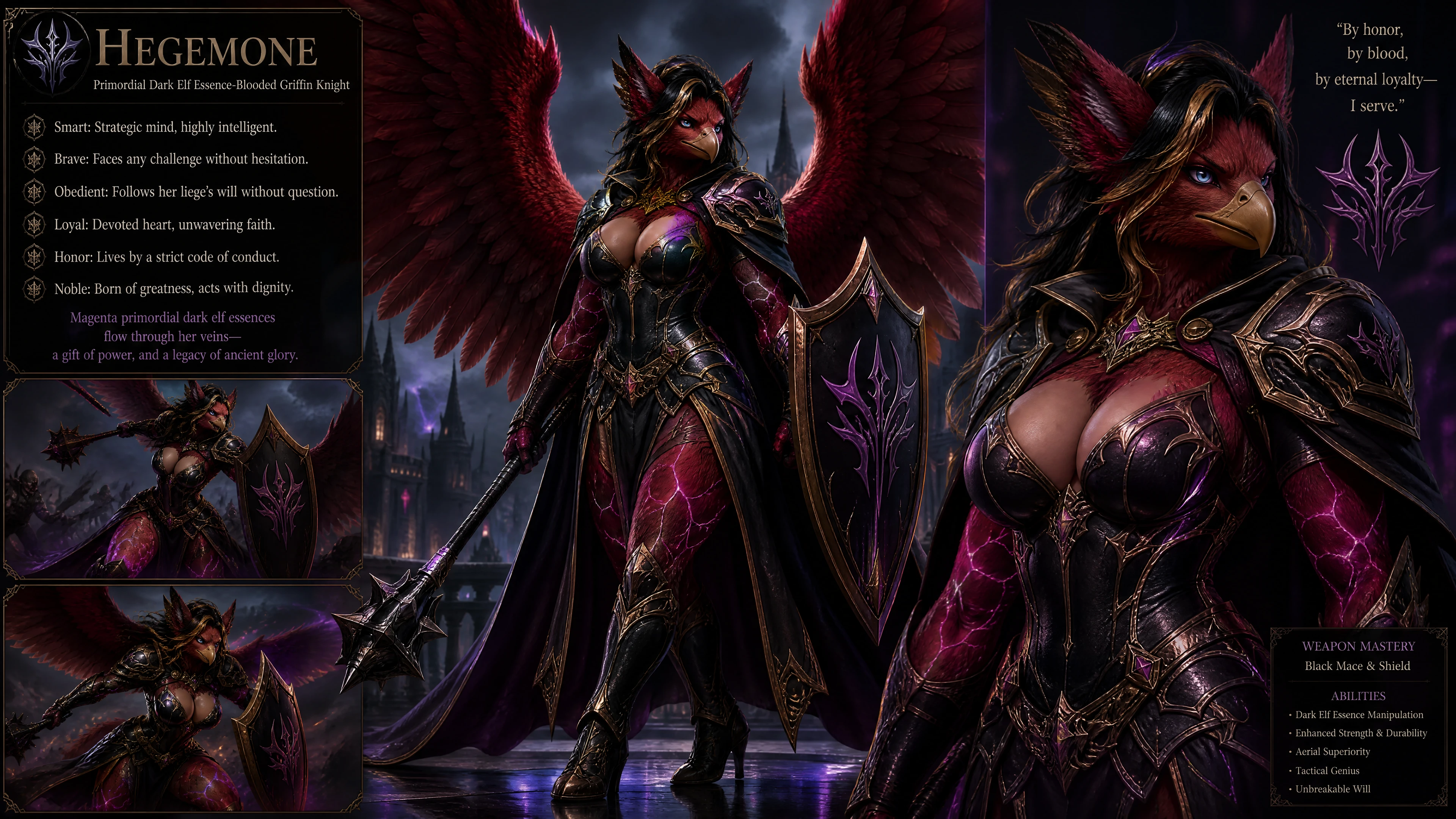 Guerrera grifo roja alada con uniforme de caballero negro