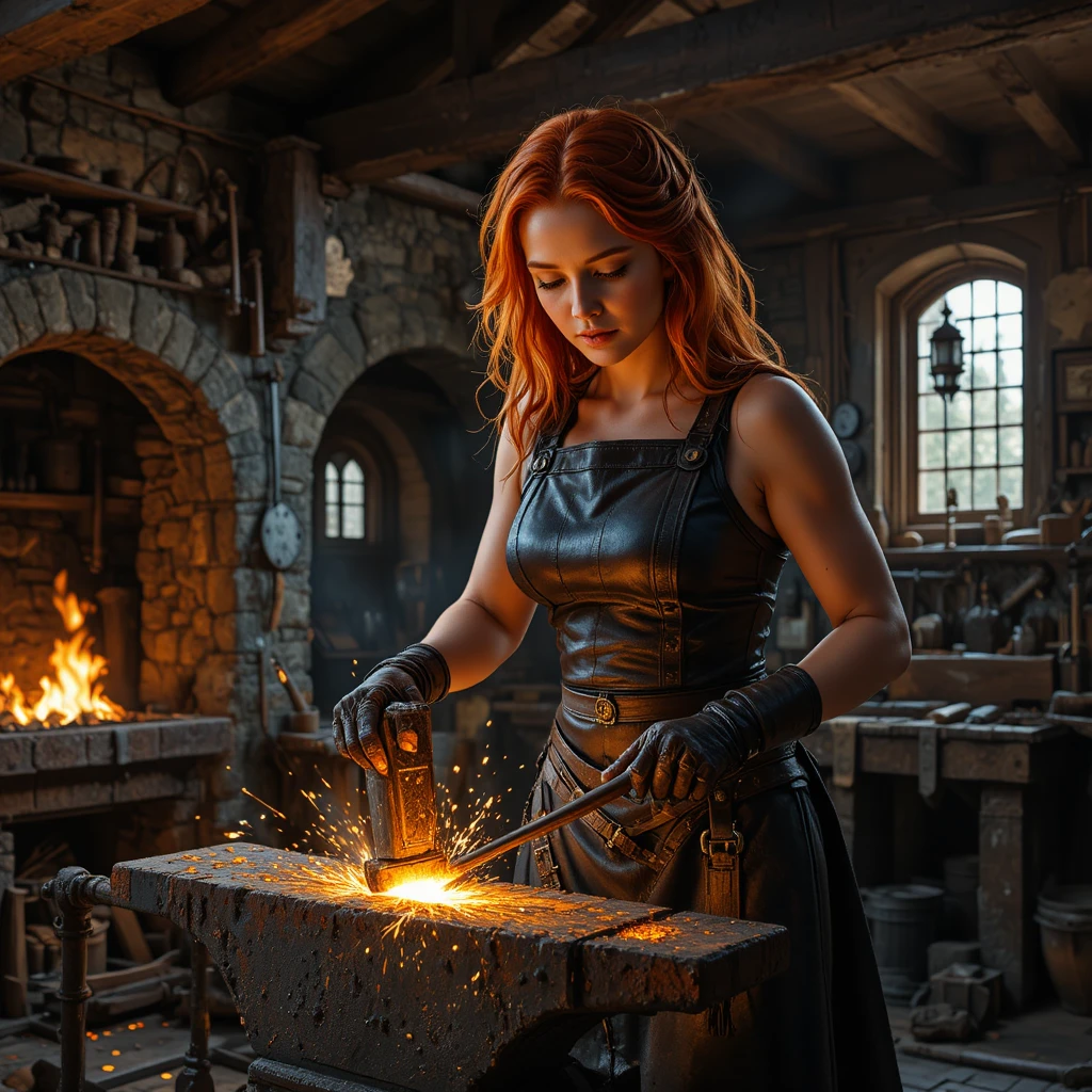Herrera pelirroja golpeando metal en una forja medieval