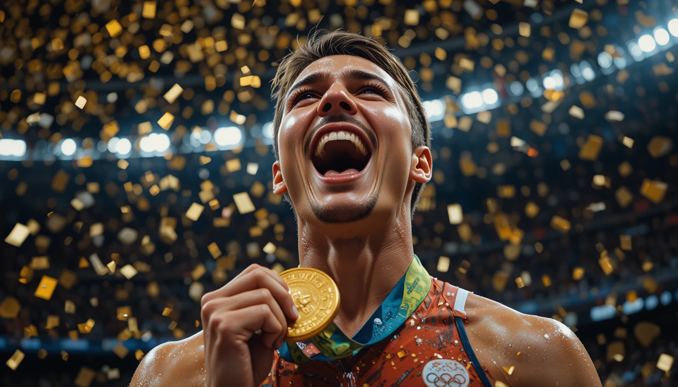 Atleta victorioso rugiendo de alegría en el podio