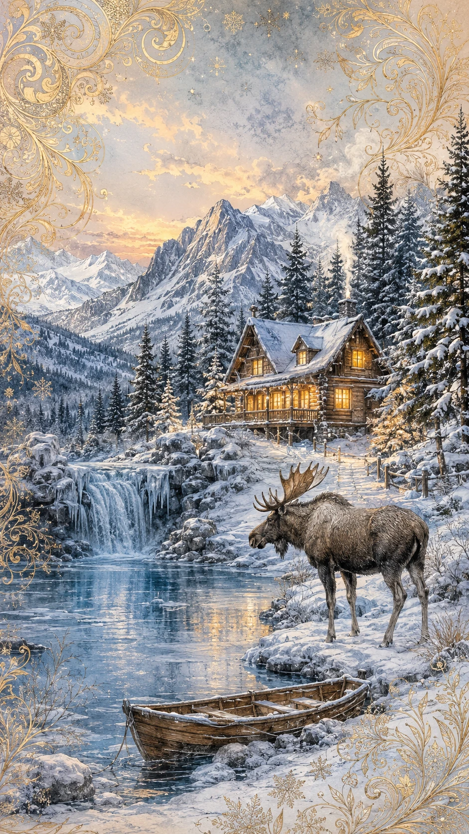 Moose By A Frozen Lake And Cabin In Winter Forest