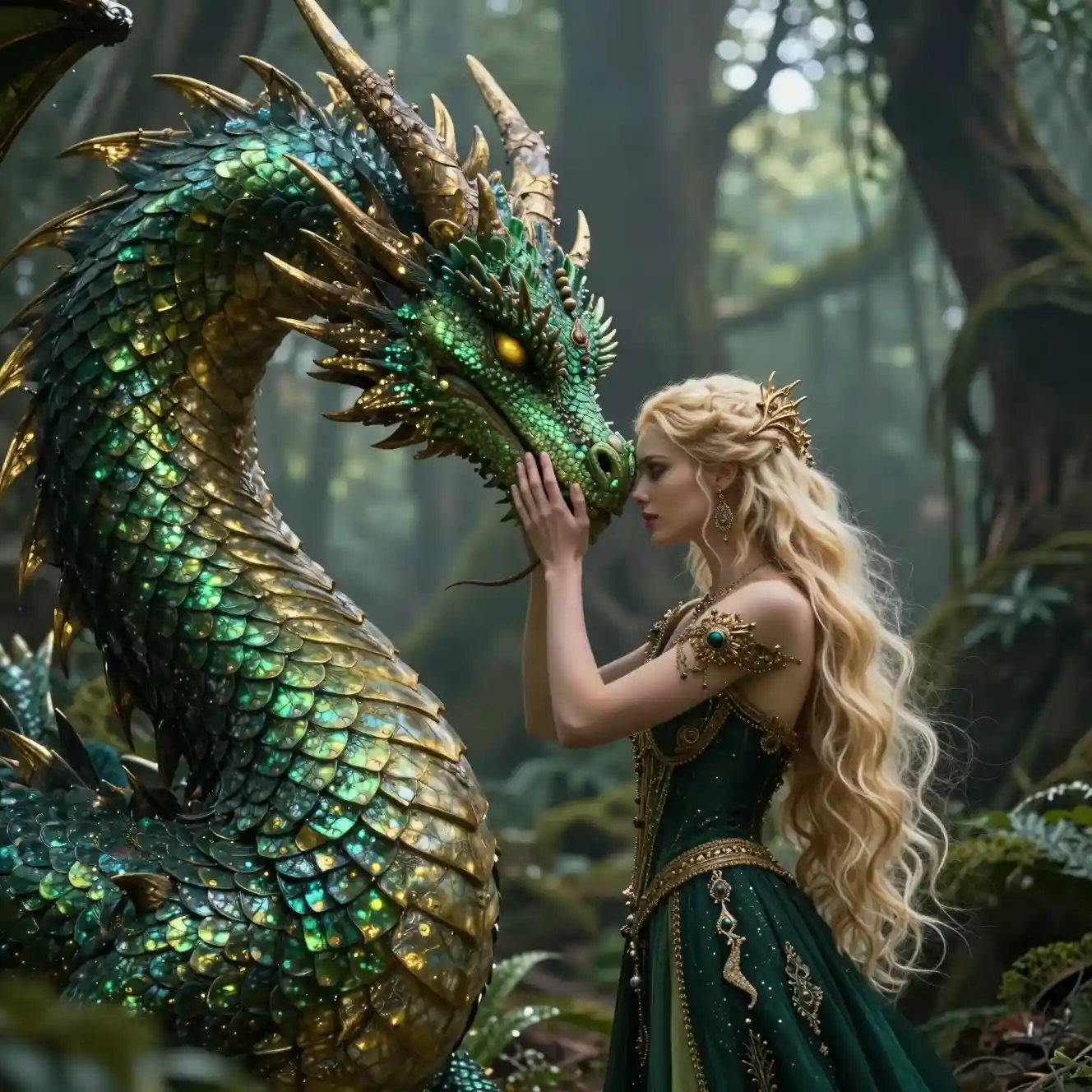 Mujer y dragón esmeralda compartiendo un tierno momento en el bosque
