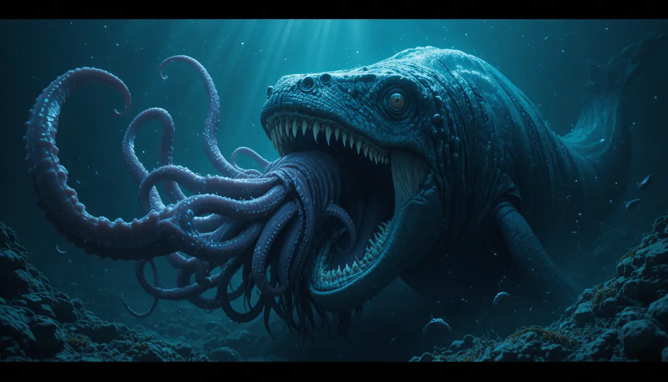 Balena preistorica combatte calamaro gigante nel buio degli abissi marini