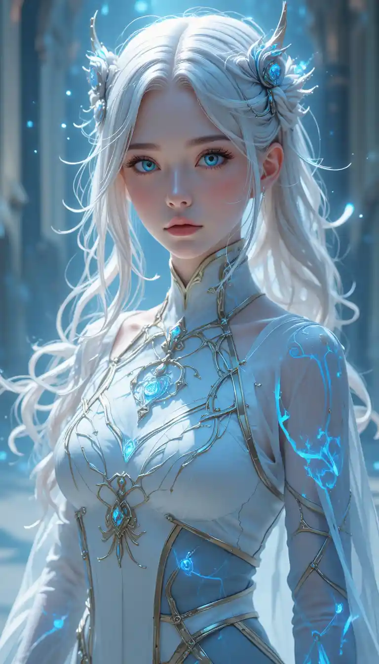 푸르게 빛나는 사슴뿔을 가진 어린 애니메이션 엘리아트롭 소녀