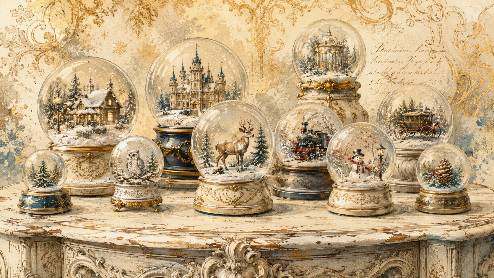 Close up of winter snow globes on a vintage white table