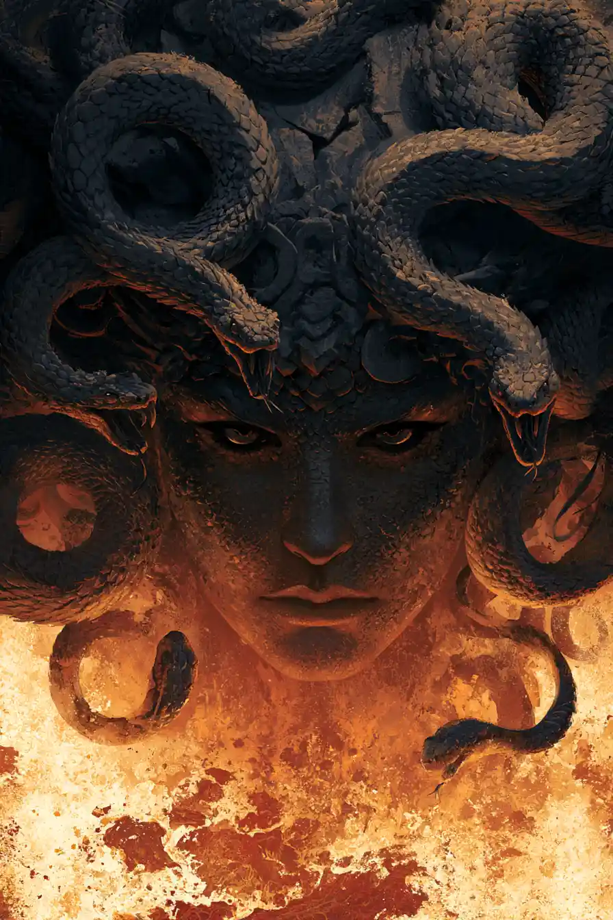 Medusa Rising From Molten Lava In Dark Graphic Illustration