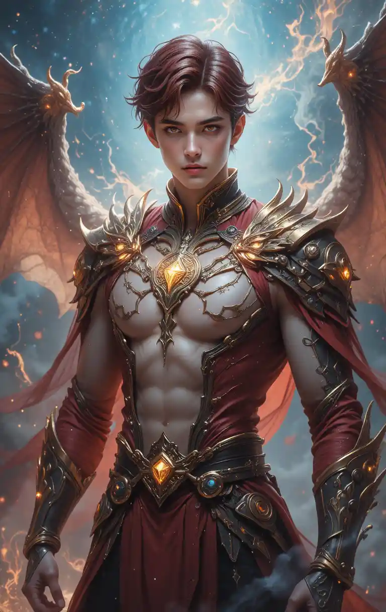 Guerrero de anime musculoso con cuernos de dragón y ojos ardientes