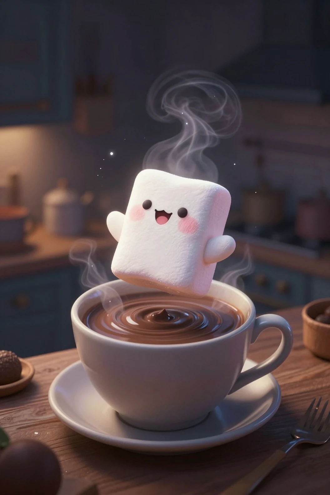 Malvavisco chibi flotando en chocolate caliente de medianoche
