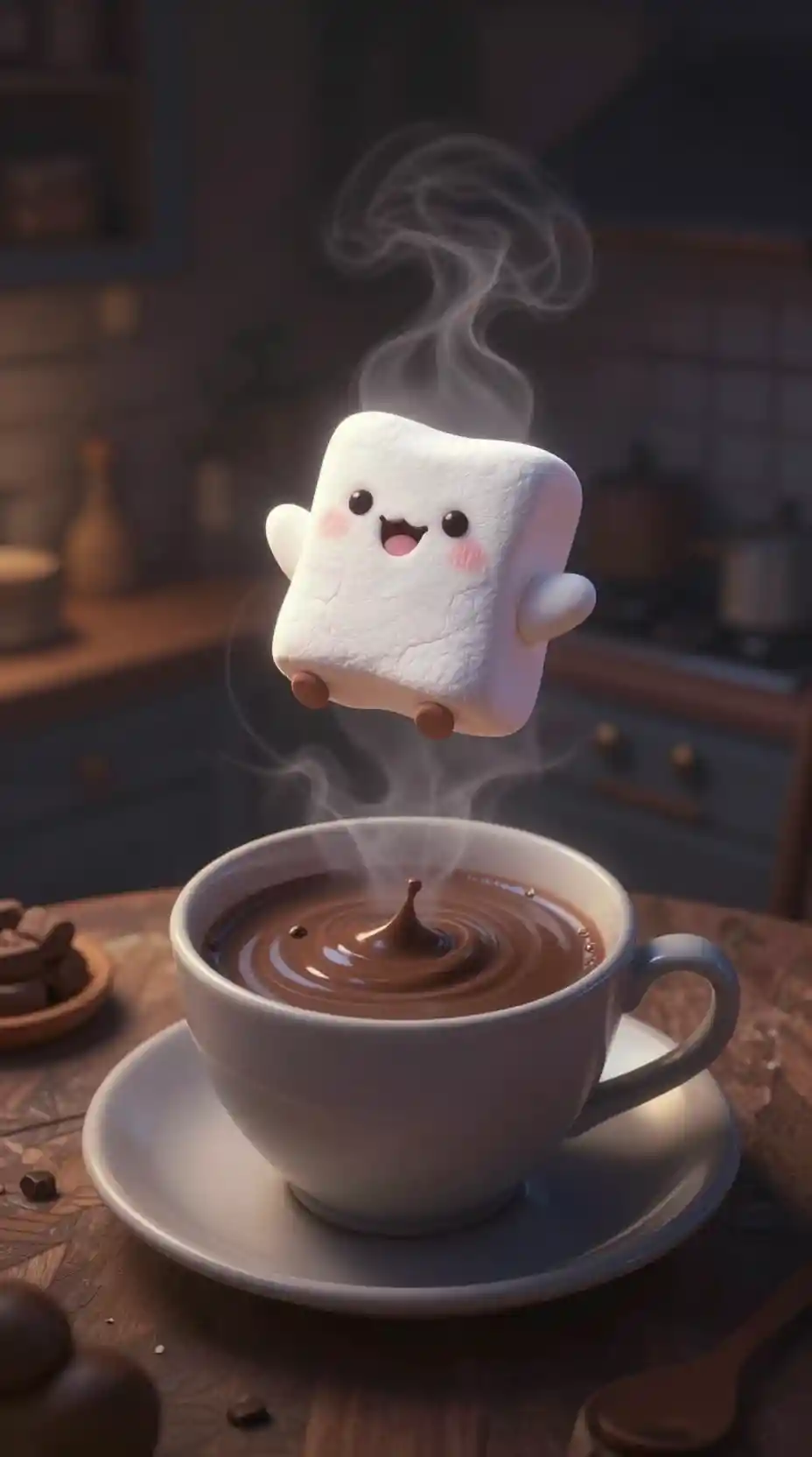 Creatura di marshmallow che galleggia in una tazza di cioccolata di mezzanotte