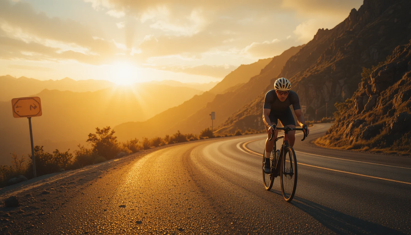 Ciclista su strada che corre lungo una spettacolare cresta alpina