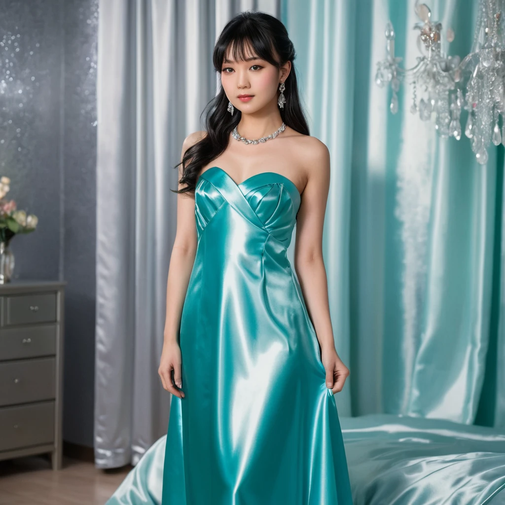 Joven elegante con vestido de baile largo de satén brillante