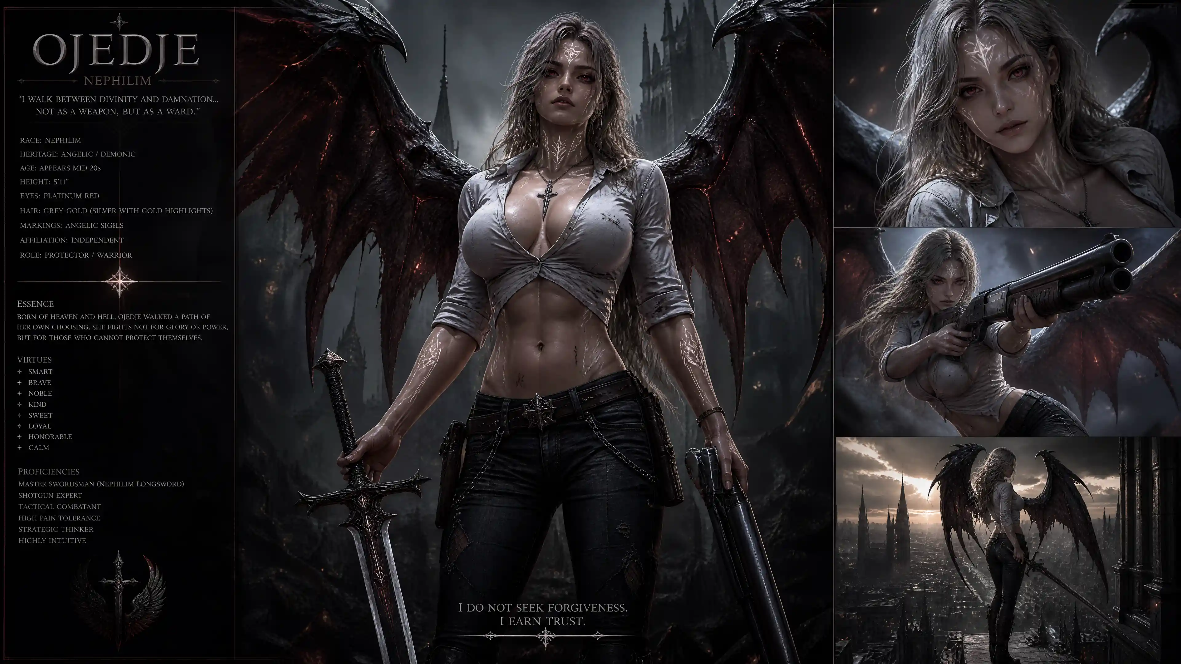 Female nephilim warrior with demonic wings and glowing markings