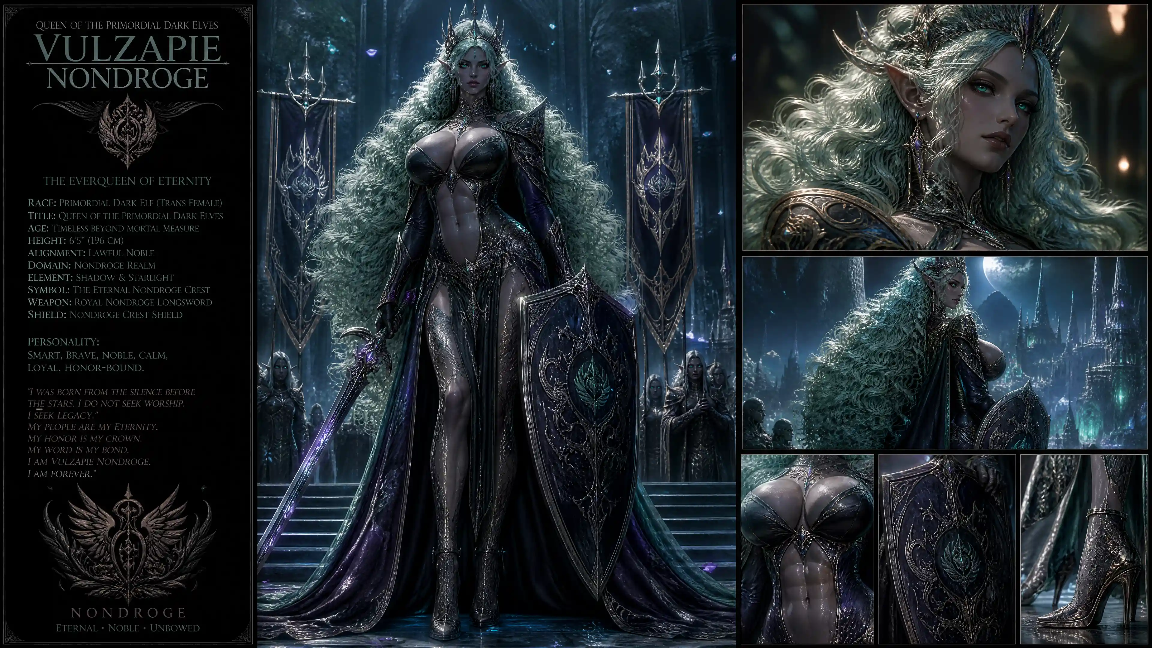Regia reina elfa oscura con cabello verde plateado y armadura