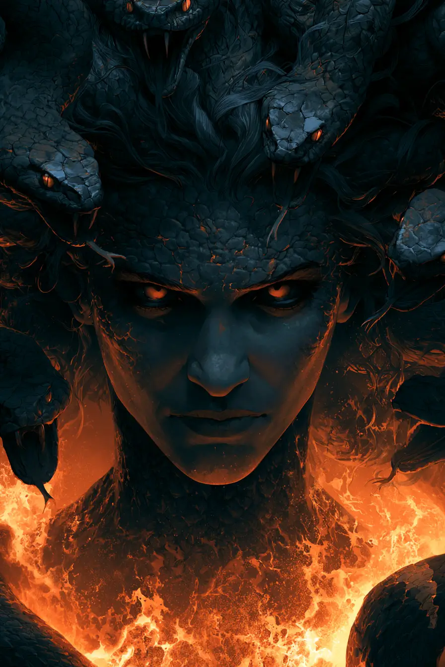 Medusa Rising From Molten Lava In Dark Graphic Illustration