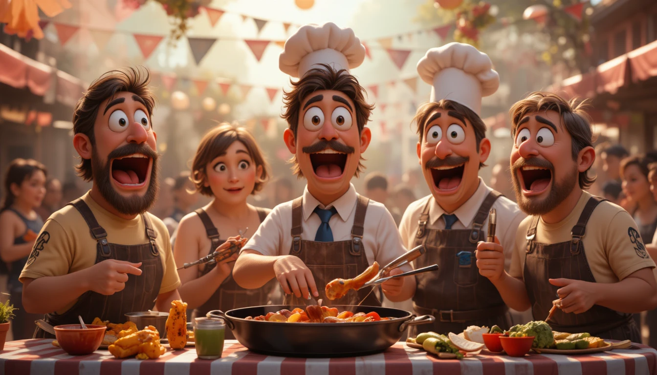 Multitud de dibujos animados coloridos en una peculiar convención de barbacoa