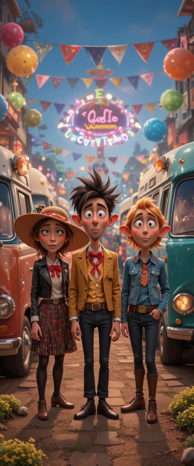 Convención de furgonetas camper coloridas en un estilo Pixar juguetón