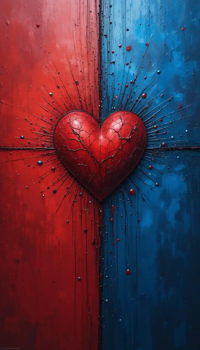 Grupo abstracto de personas alrededor de un corazón rojo en llamas