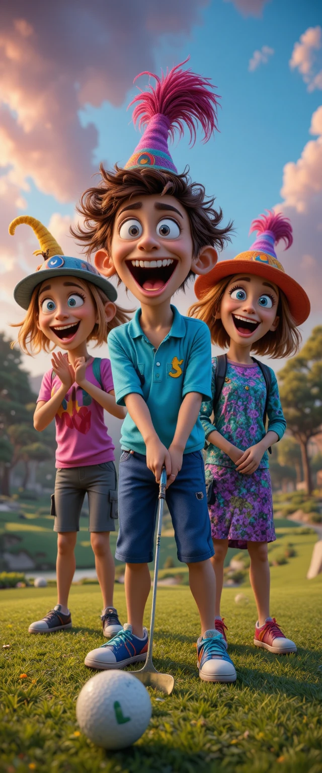 Quirky cartoon golfers on a colorful fantasy course