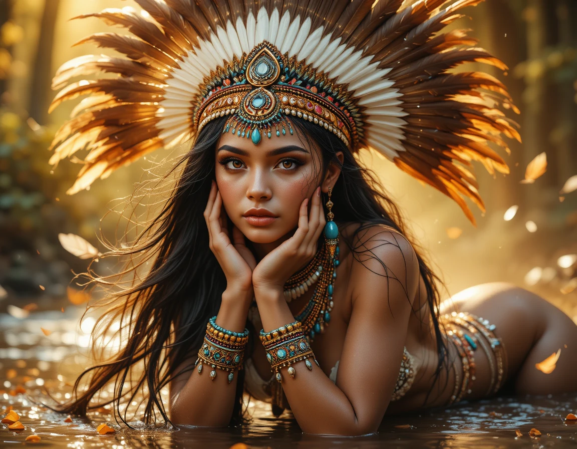 Retrato de mujer tribal fantástica con penacho de guerra de plumas