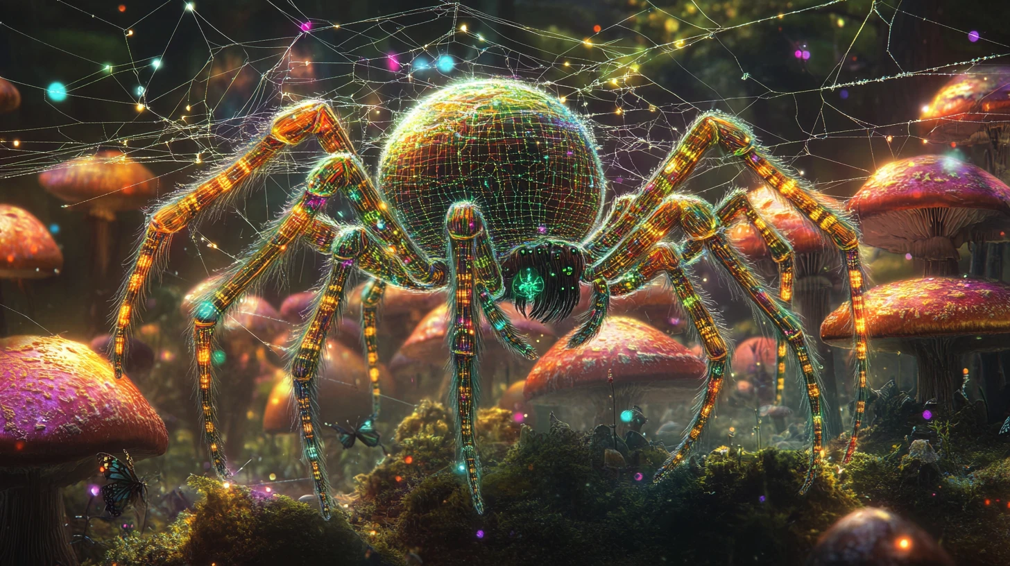 幻想的な森でそびえ立つキノコの間に張られた巨大なクモの巣