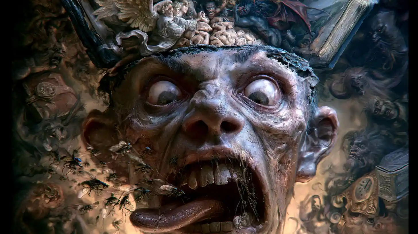 Rostro surrealista distorsionado con insectos y cerebro expuesto