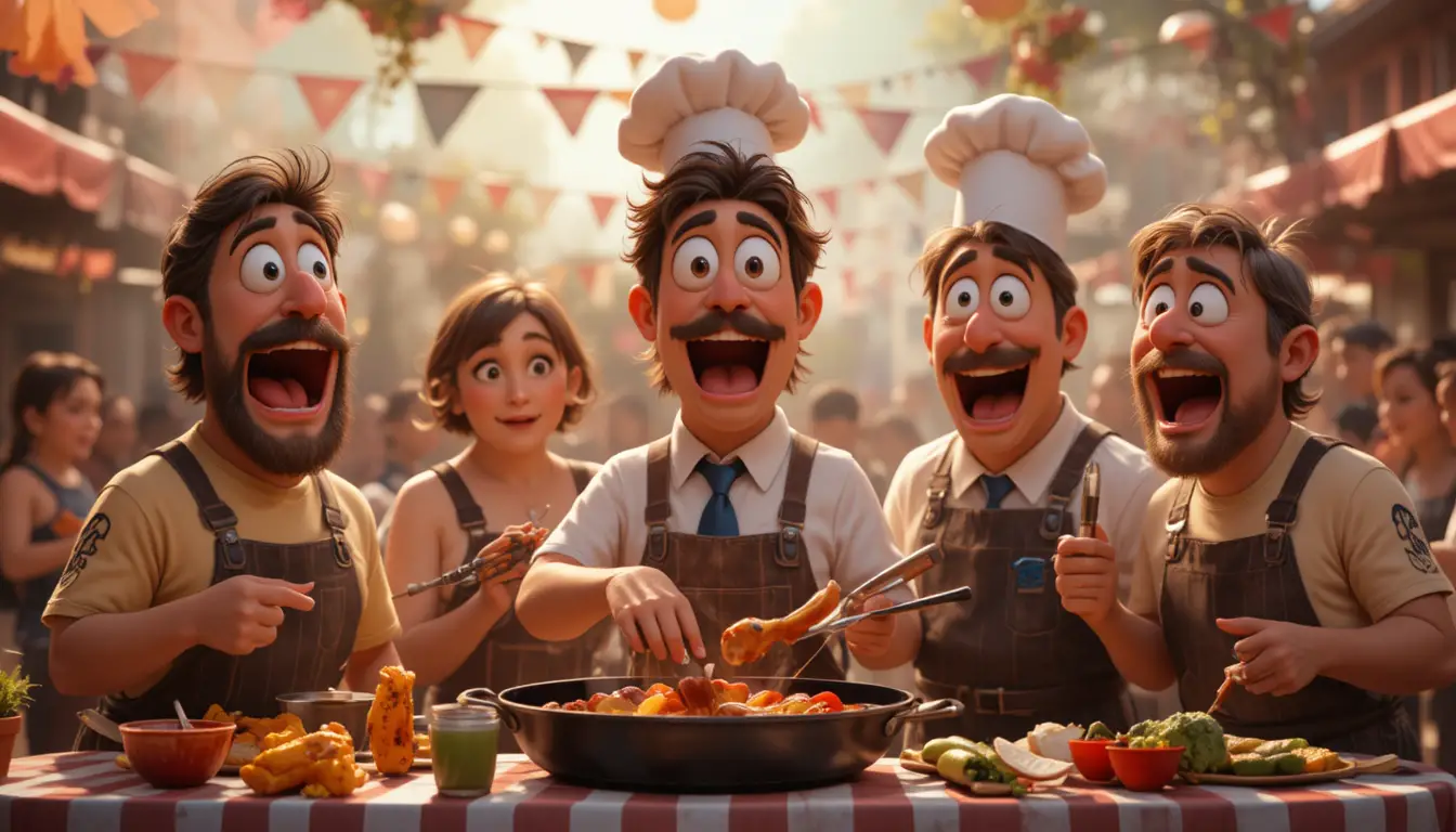 Colorful cartoon crowd at a quirky barbecue convention