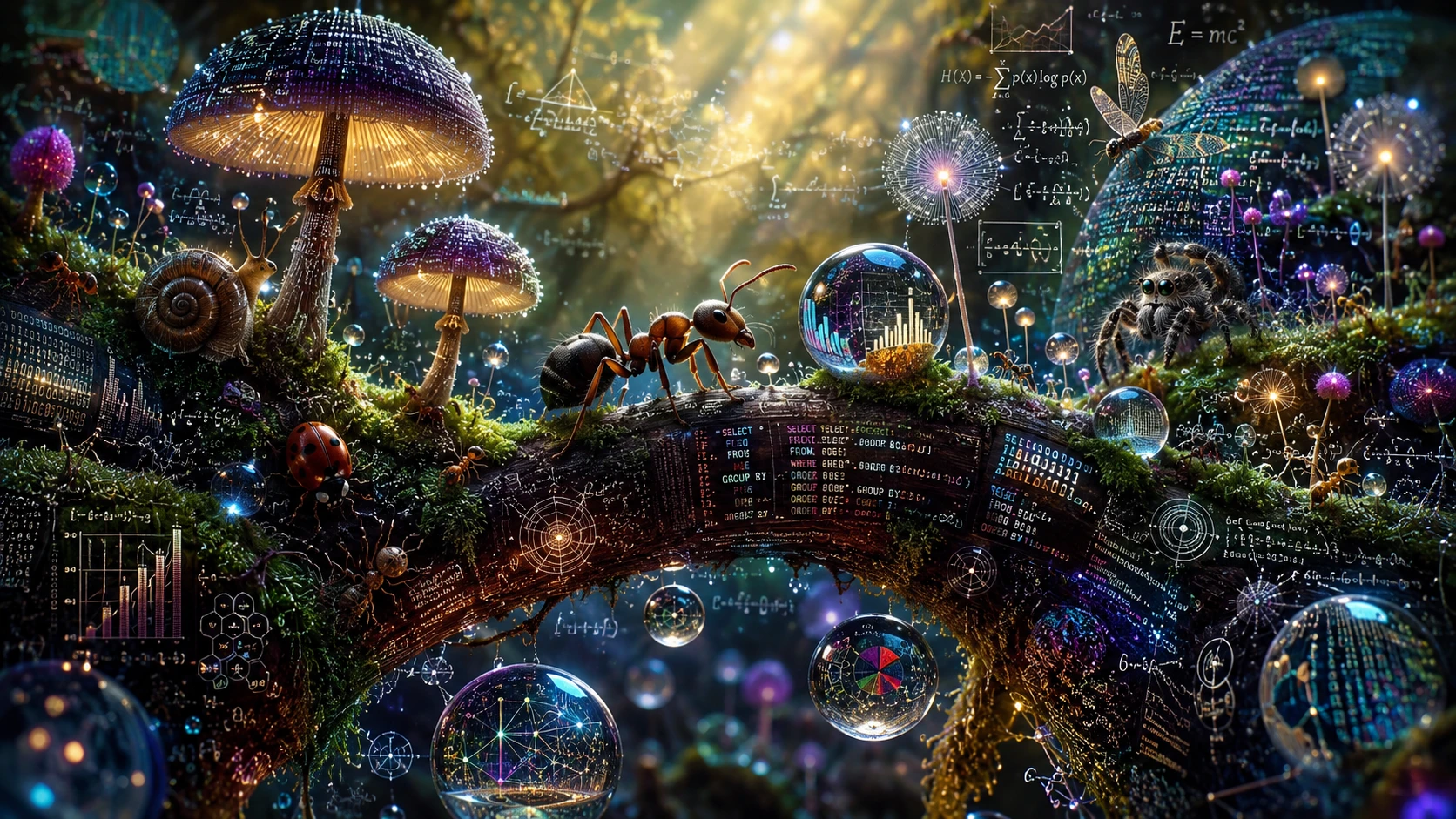 Mondo fantastico di insetti in ultramacro fatto di dati luminosi