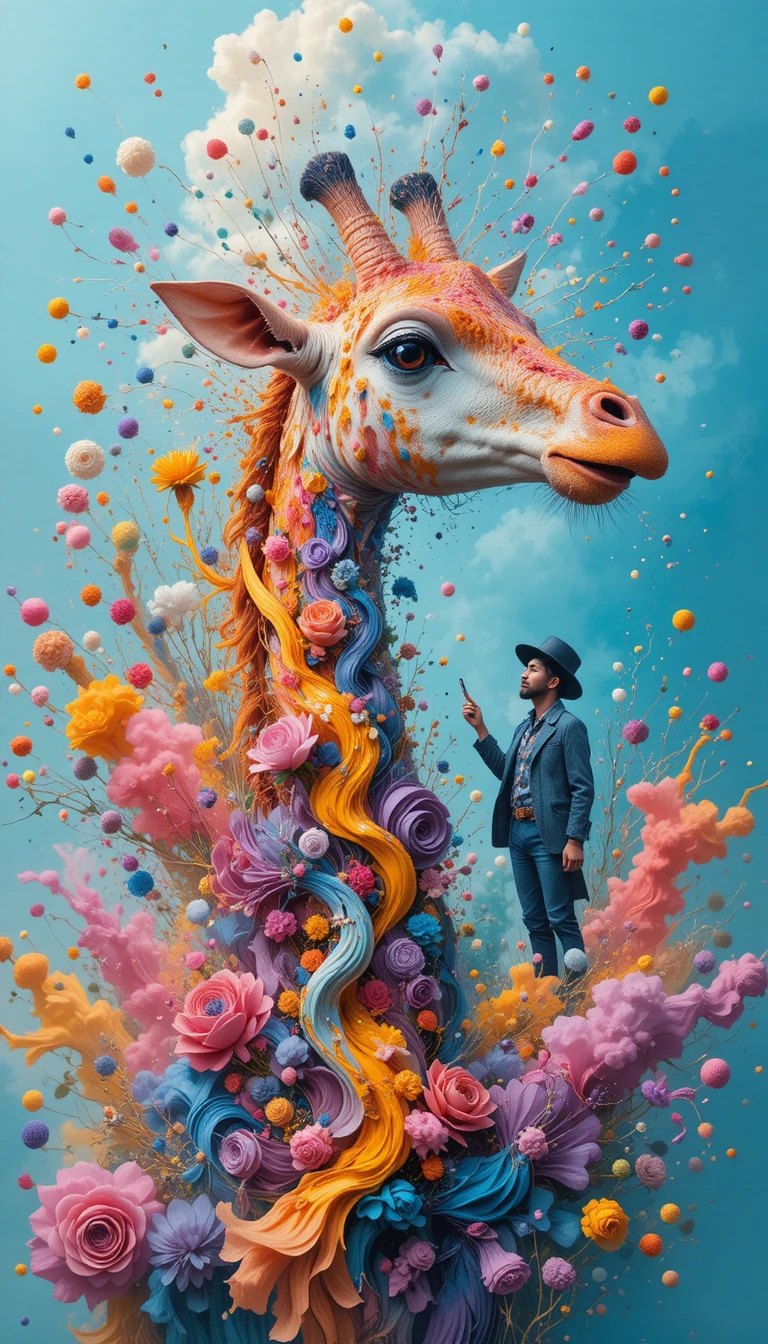 Abstract giraffe against swirling colorful rustic background