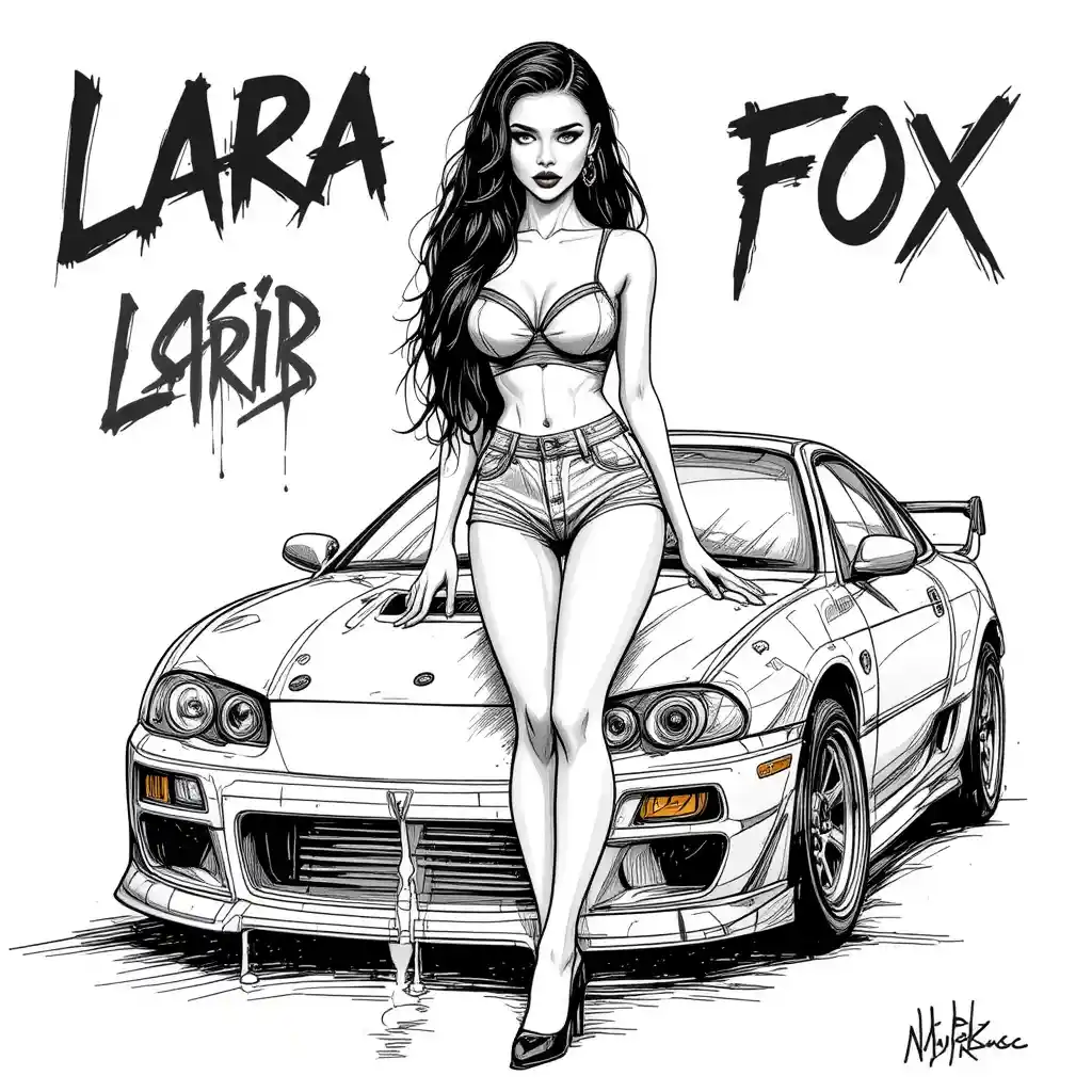 日本のドリフトカーのそばでポーズをとる自信に満ちた女性のラインアート