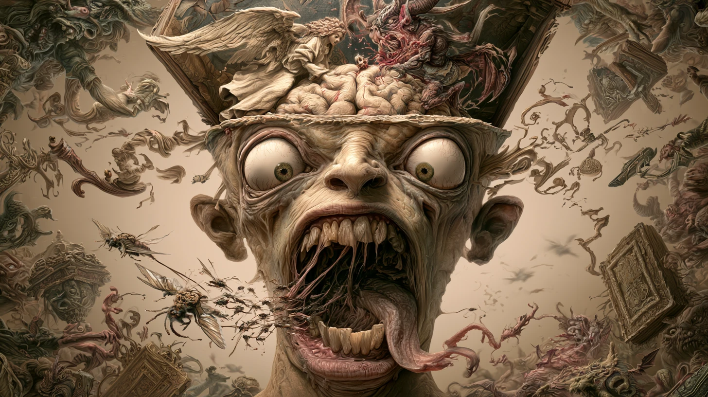 Rostro surreal distorsionado con insectos y cerebro expuesto