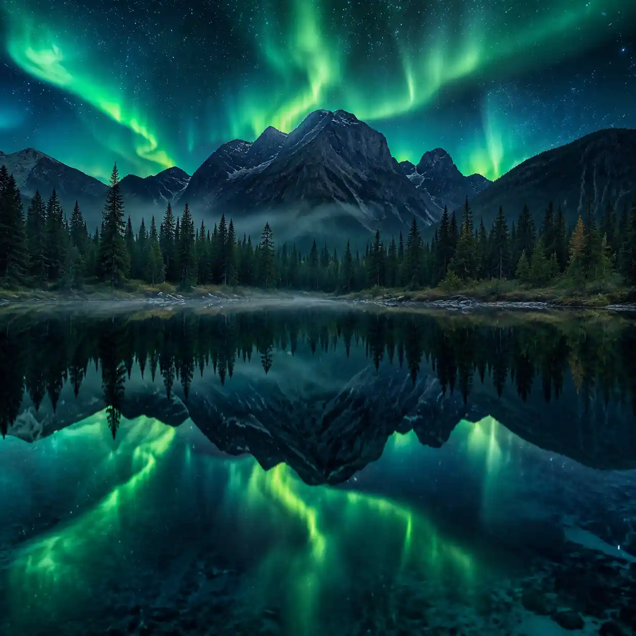 Aurora reflejada sobre un lago digital silencioso en el bosque