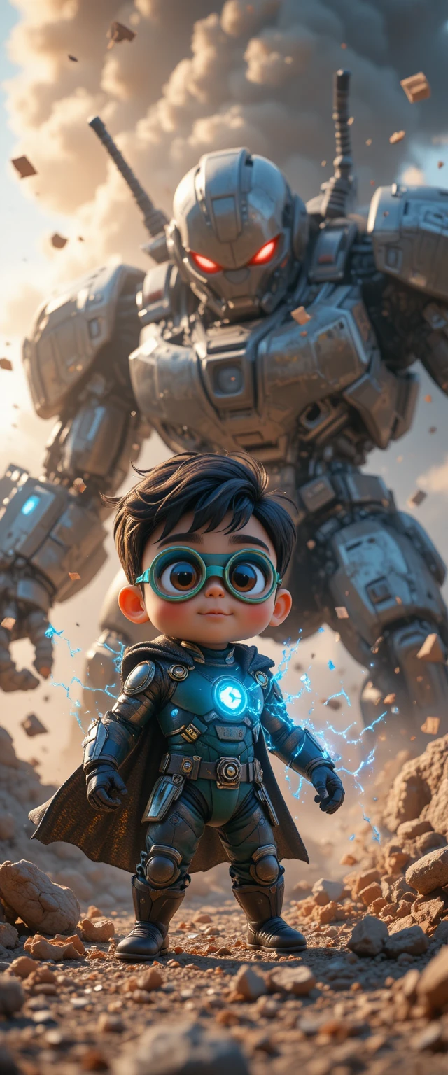 Tierna heroína tech infantil 3D en un colorido universo kawaii