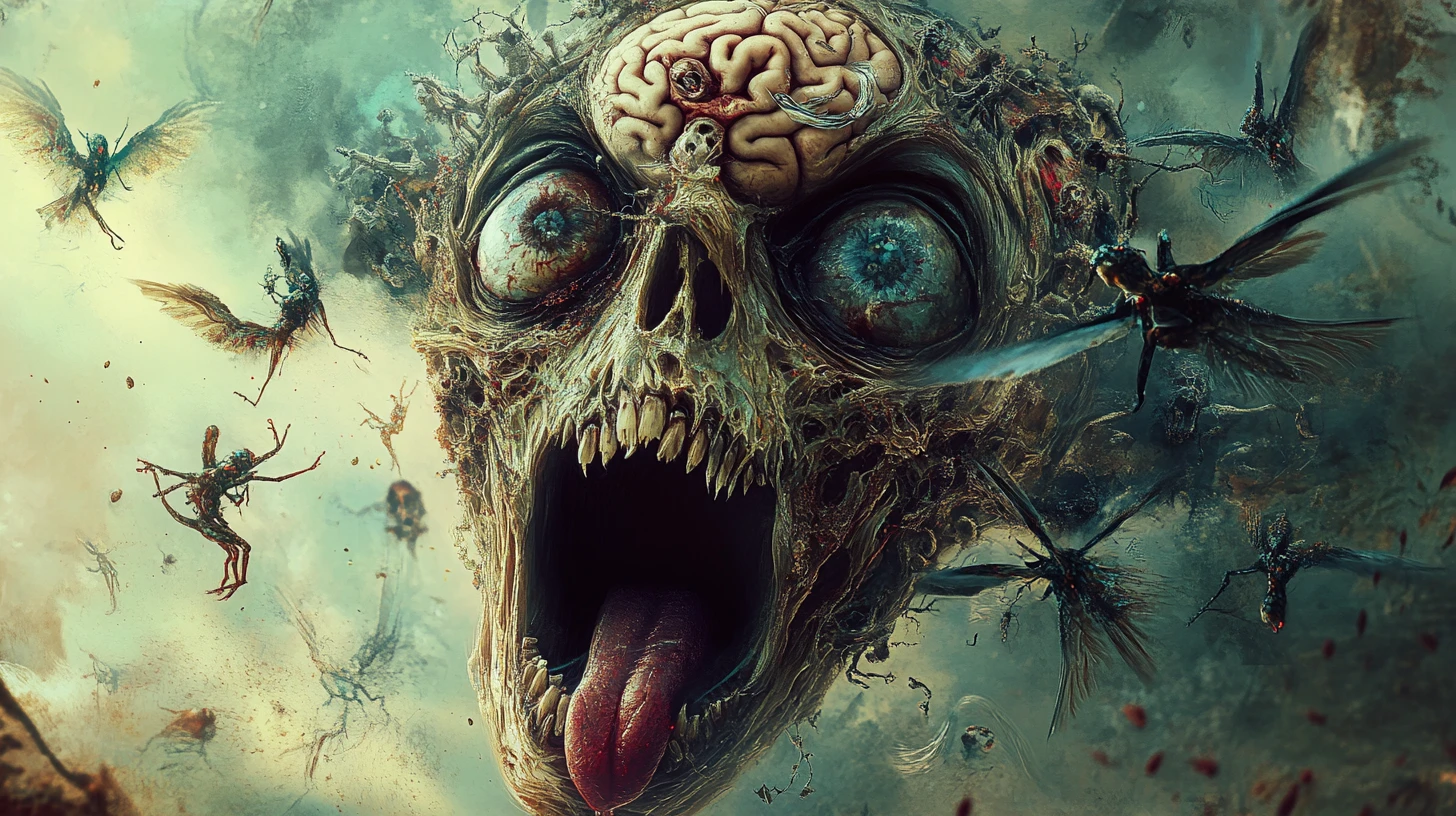 Surreal distorted face with insects and exposed brain