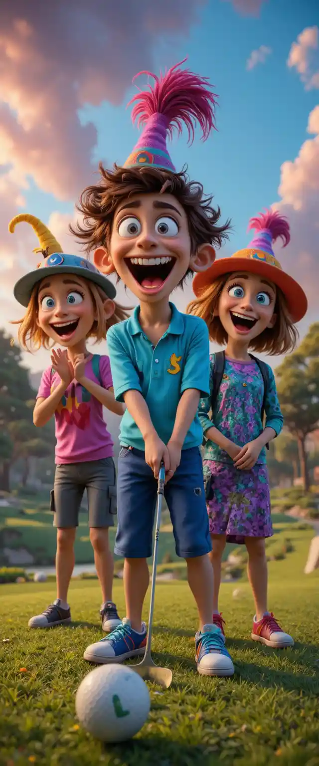 Quirky cartoon golfers on a colorful fantasy course