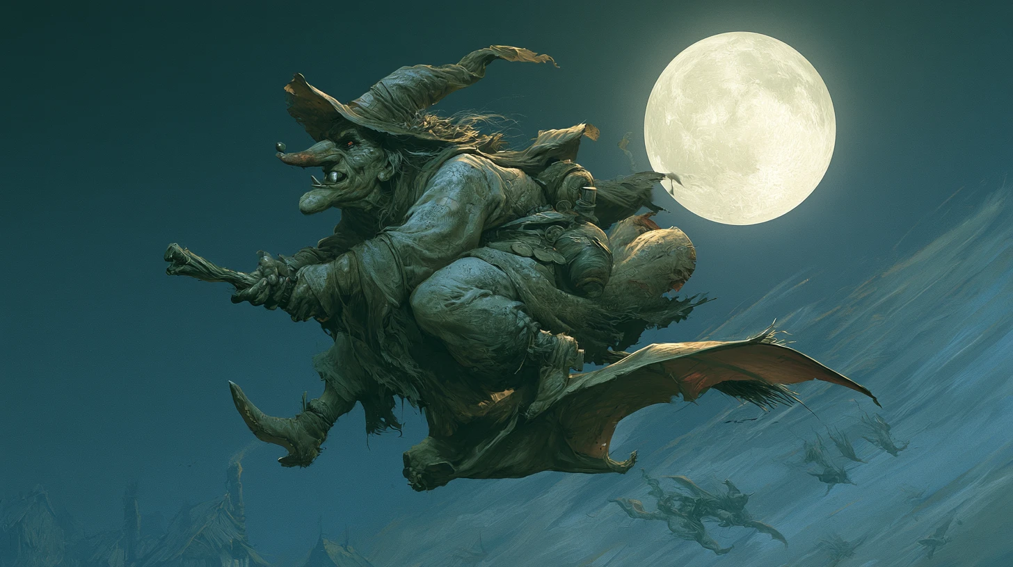 Ancient green witch flying over a moonlit village