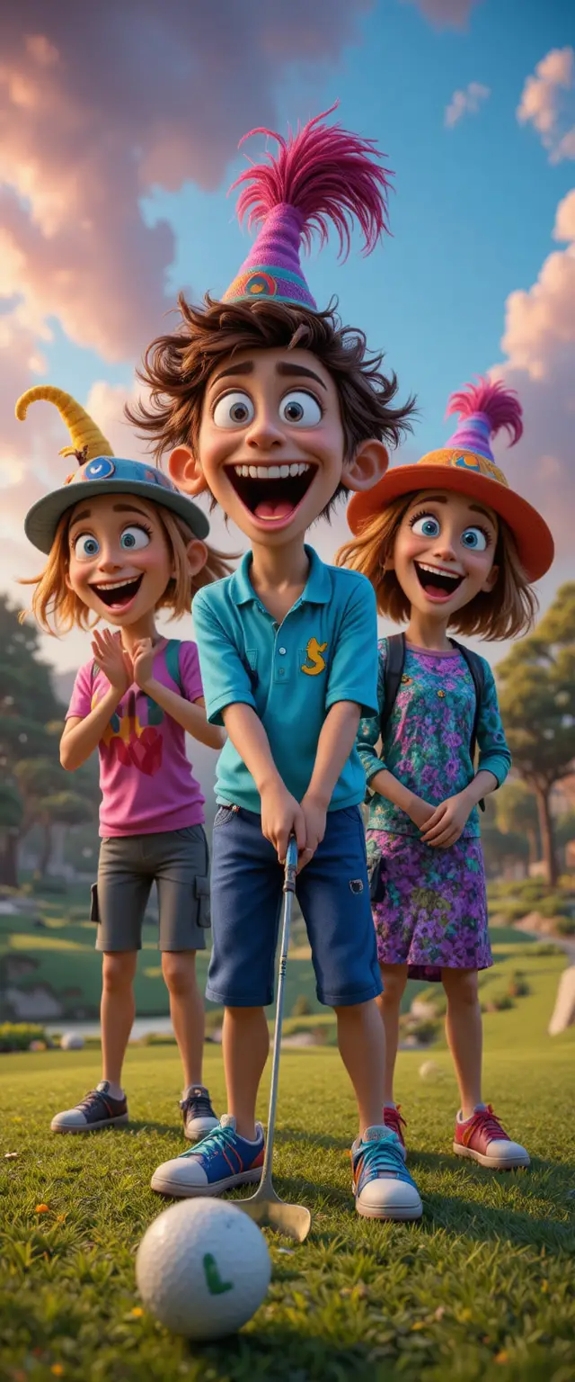 Quirky cartoon golfers on a colorful fantasy course