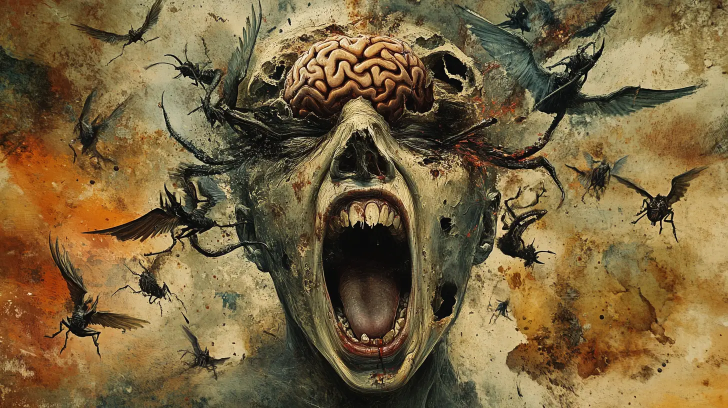 Surreal distorted face with insects and exposed brain