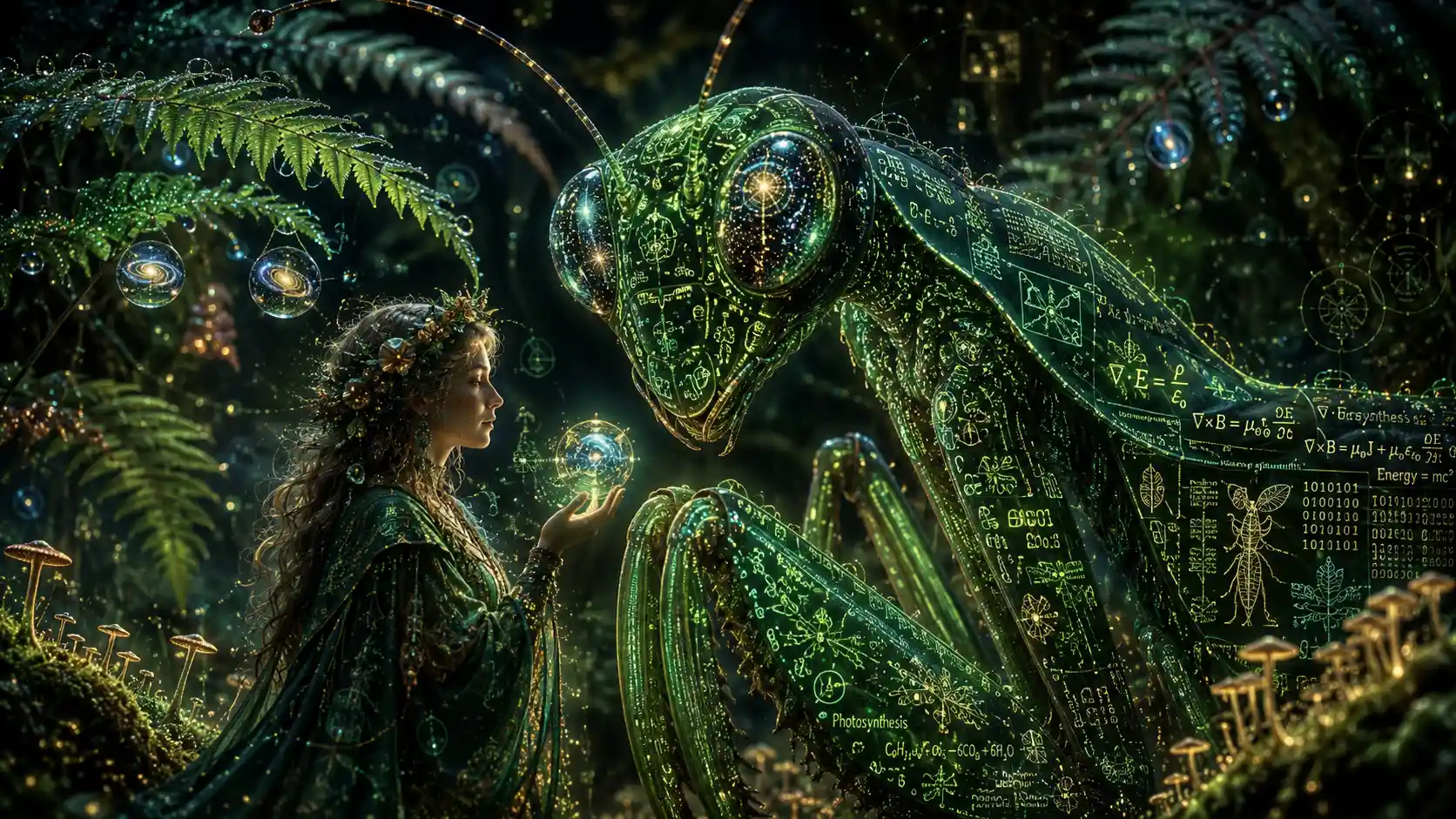 Bruja del bosque junto a mantis esmeralda en un bosque encantado