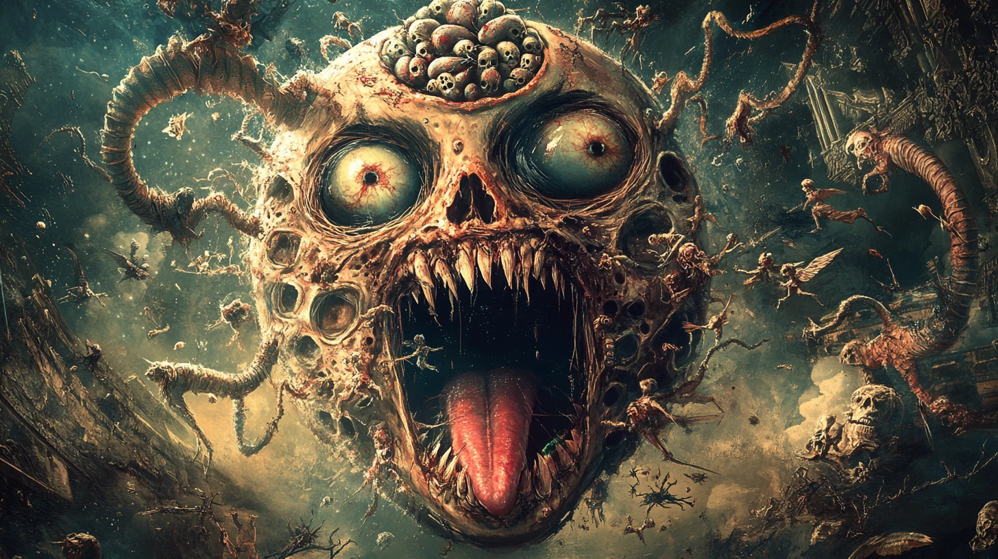 Surreal distorted head with insects and exposed brain