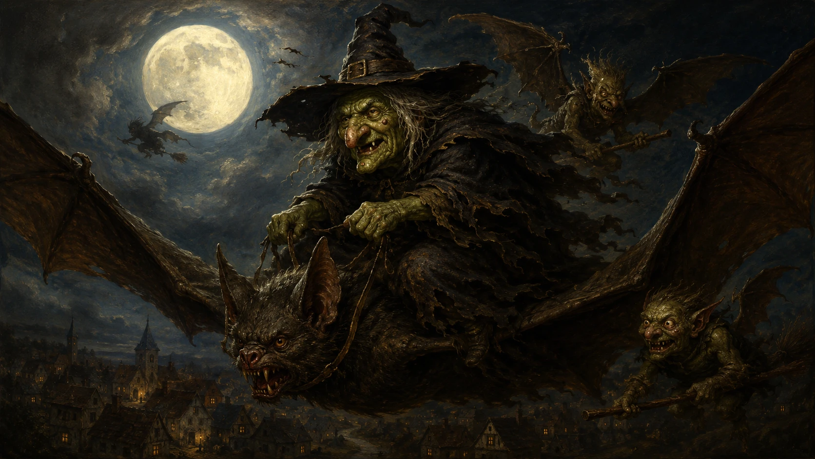 Baroque witch flying over moonlit village on bat creature