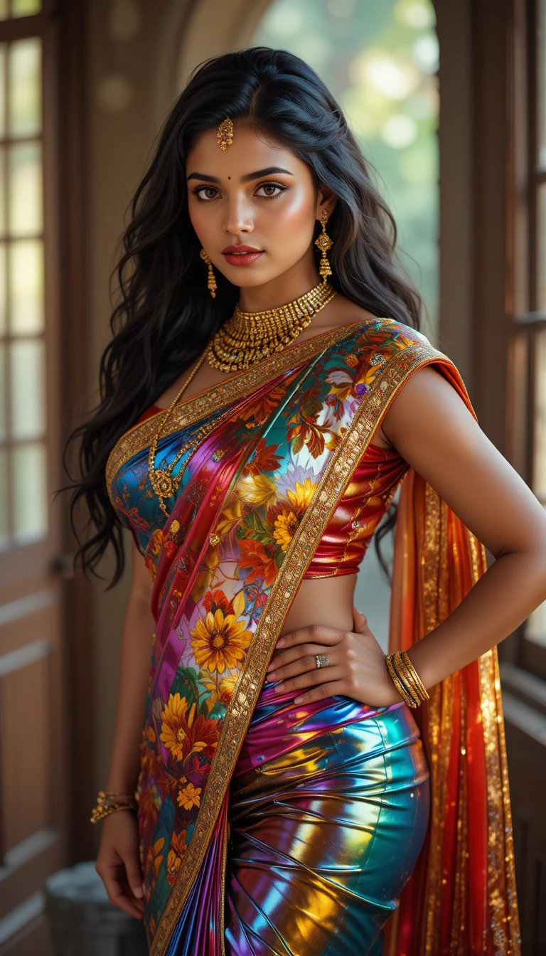 Mujer tamil con sari espejo brillante inclinándose en vista de cuerpo entero