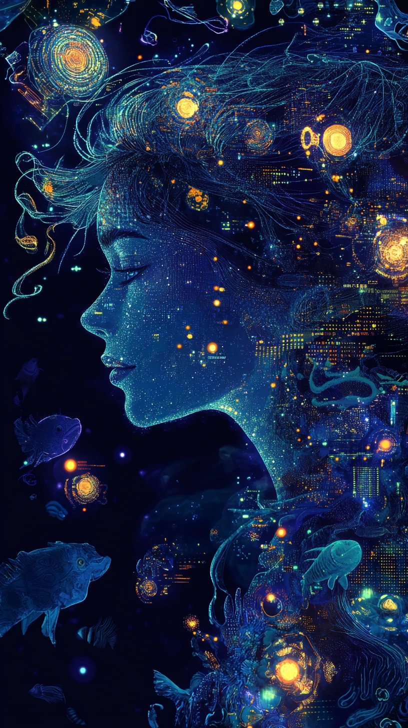 Misteriosa reina de las profundidades con peces linterna de datos brillantes