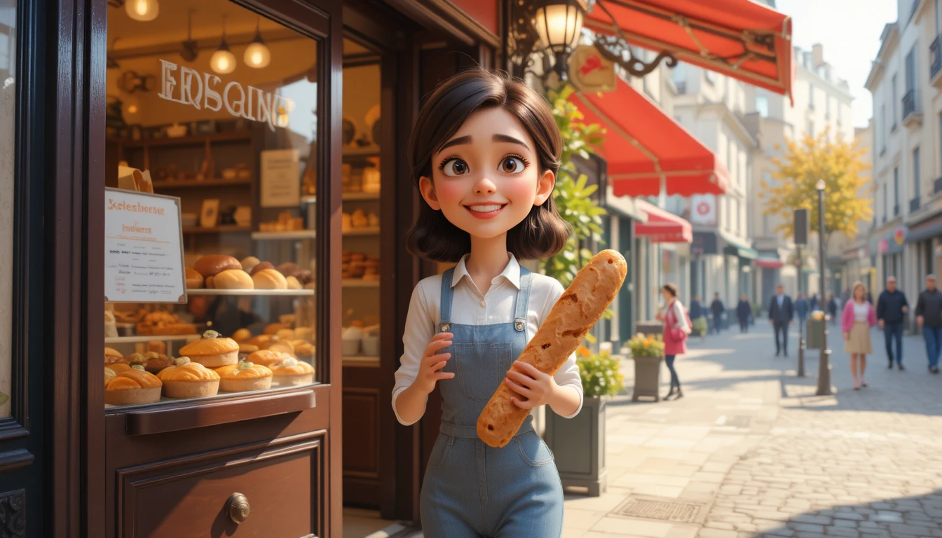 Mujer alegre saliendo de una panadería de París con una baguette fresca